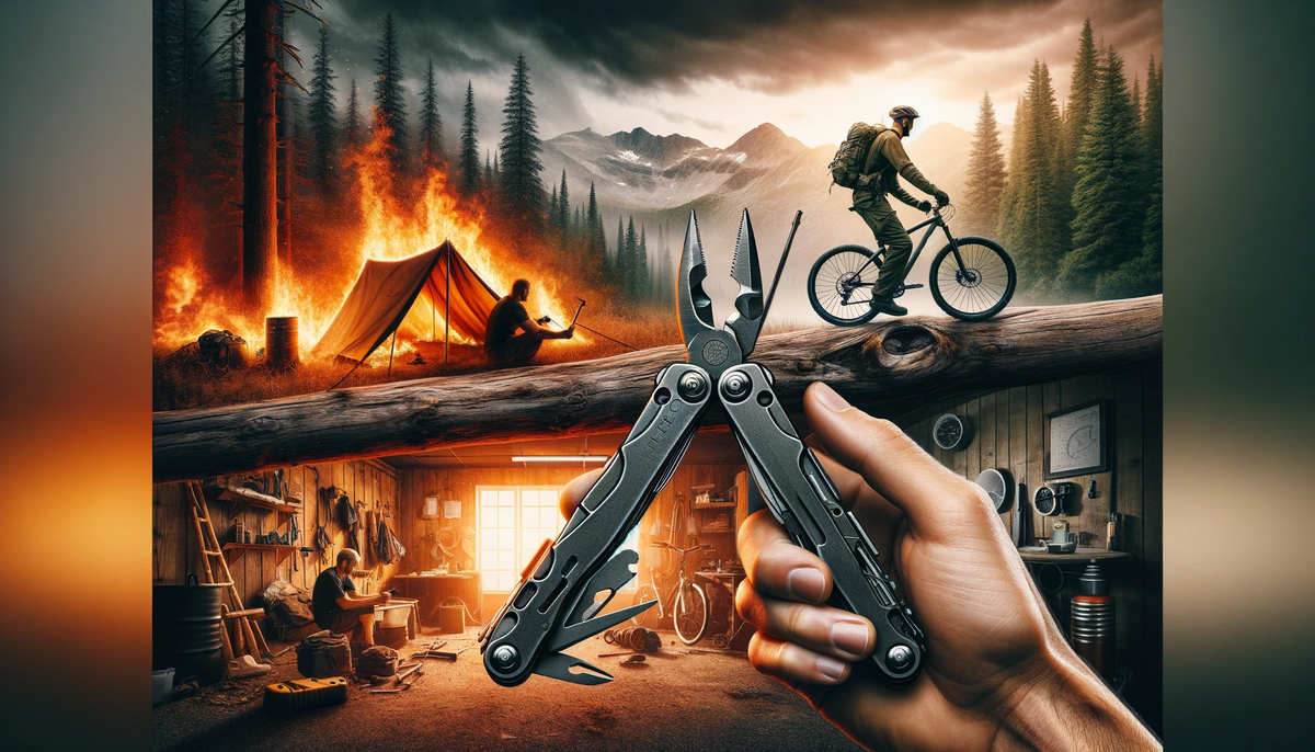 A Leatherman multitool in the foreground of a serene forest landscape at sunrise, symbolizing readiness for outdoor adventure