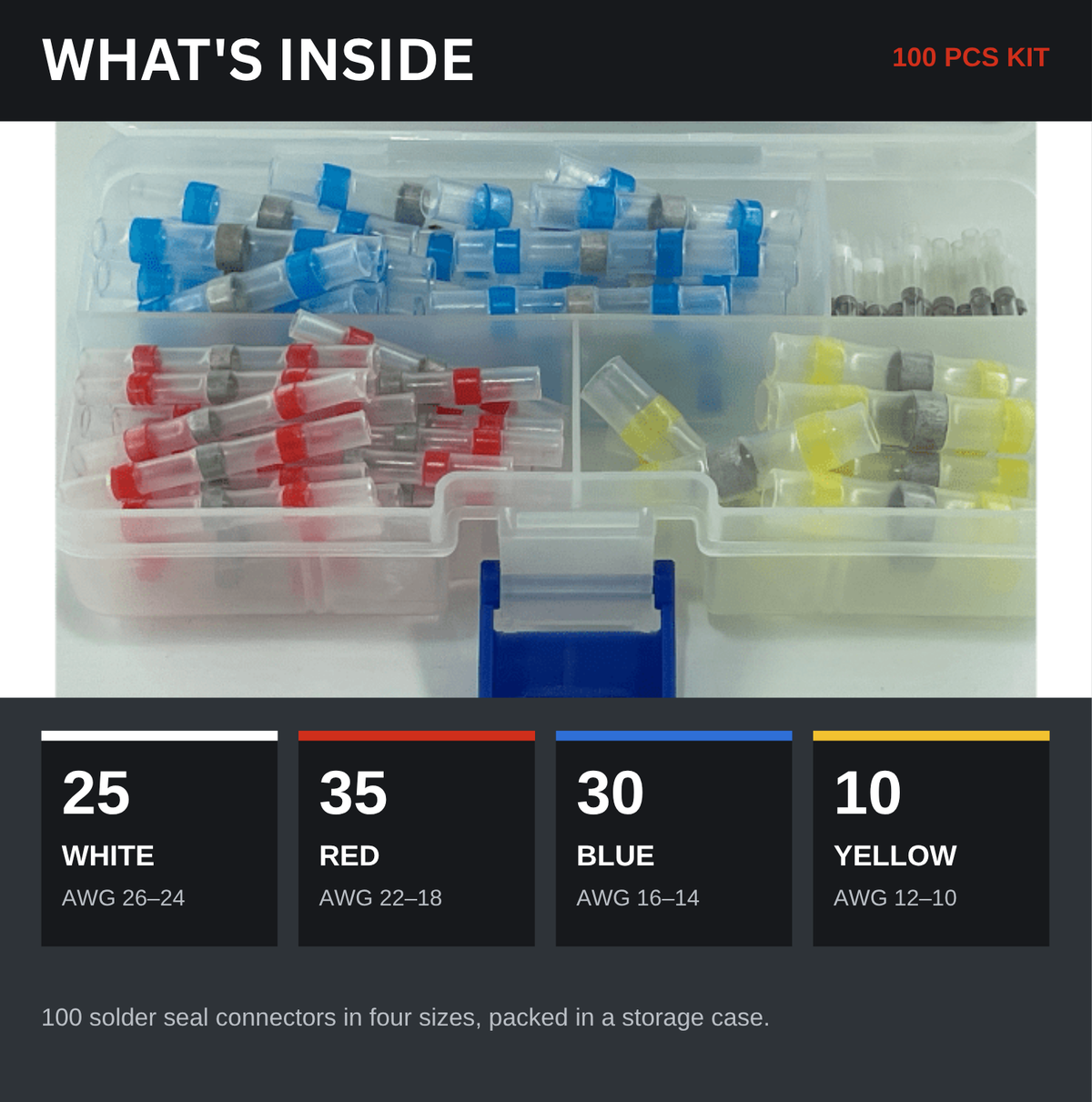 Inside the Solderstick 100 PCS kit: 25 white, 35 red, 30 blue, 10 yellow solder seal connectors