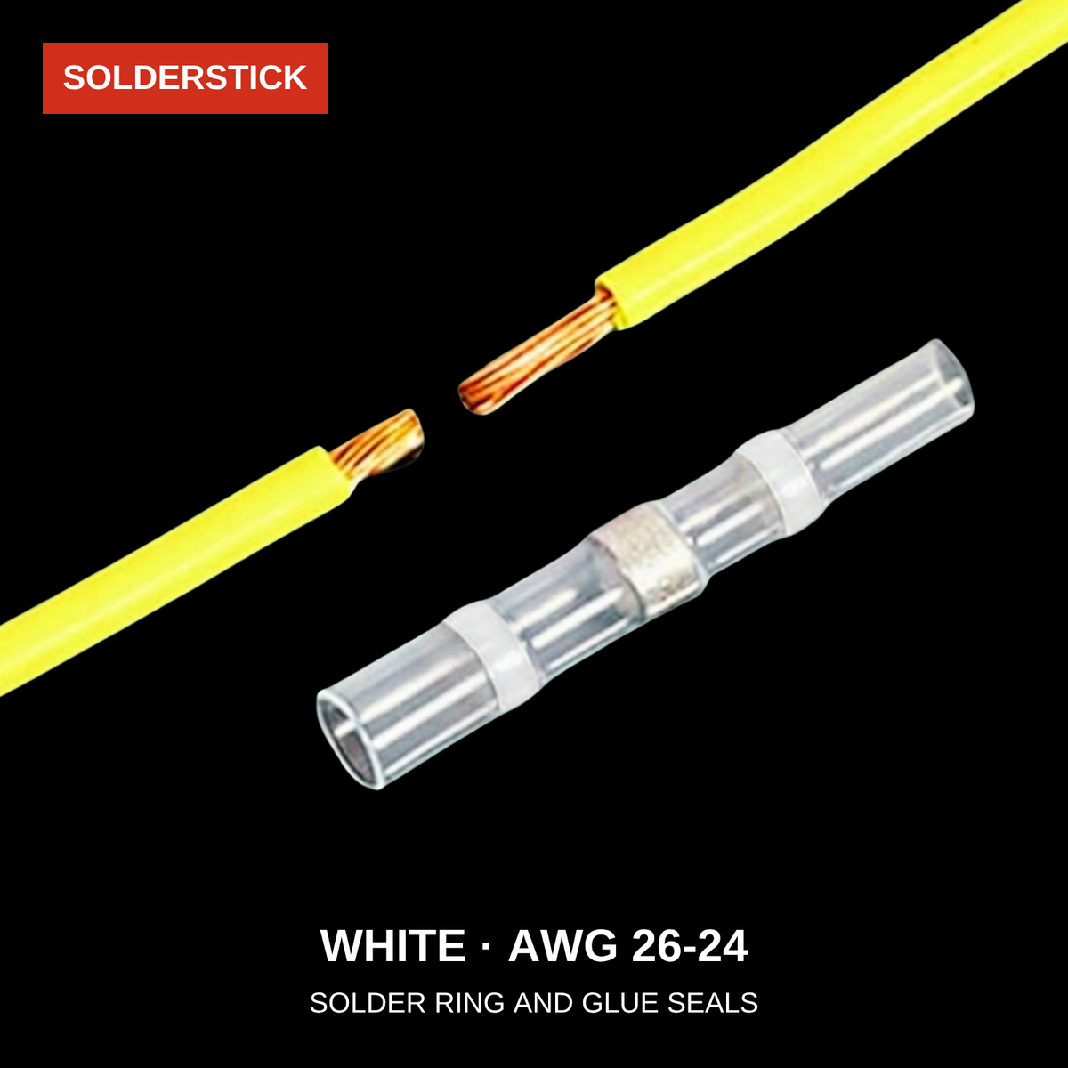 White Solderstick connector close-up showing the solder ring and glue seals, AWG 26-24