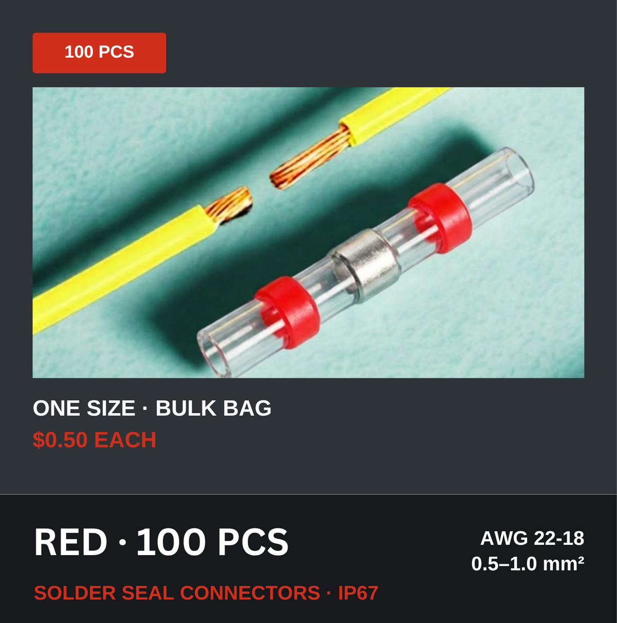 Solderstick red solder seal connectors, 100 pack, AWG 22-18