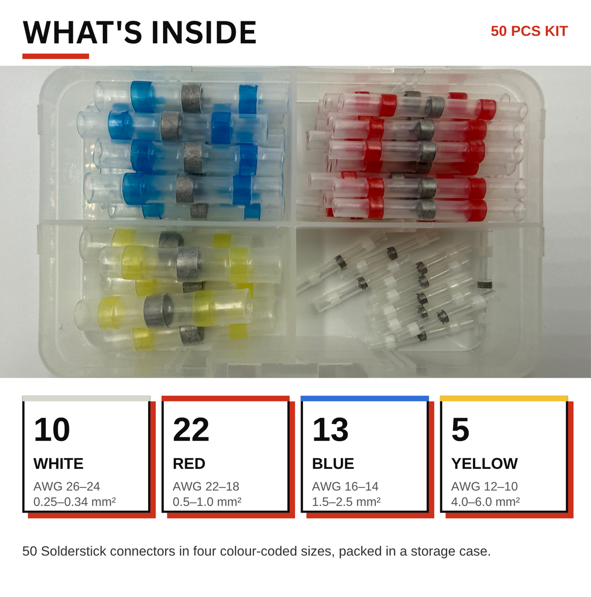What's inside the Solderstick 50 piece kit: 10 white, 22 red, 13 blue and 5 yellow connectors in a storage case