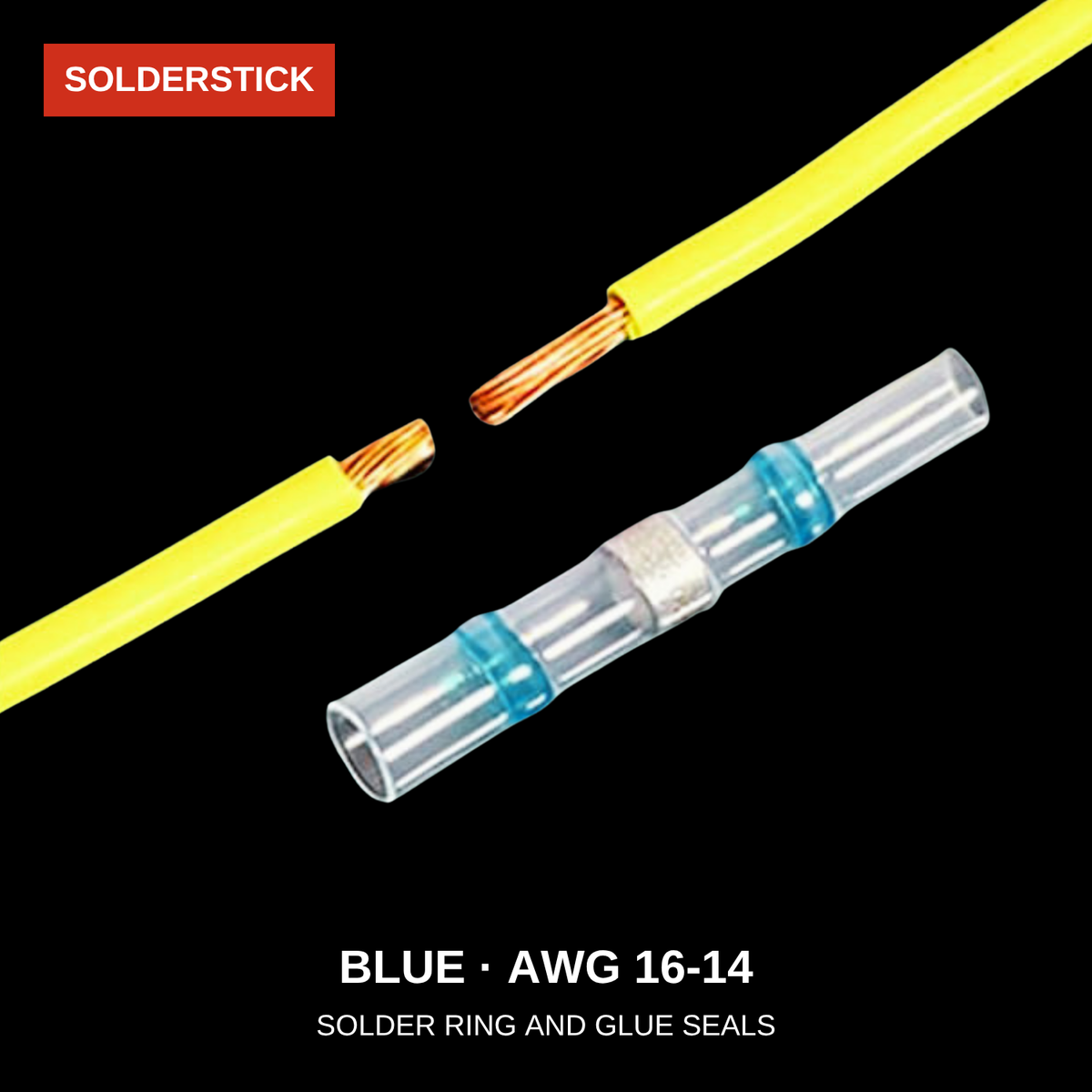 Blue Solderstick connector close-up showing the solder ring and glue seals, AWG 16-14