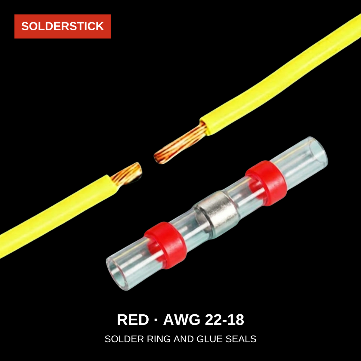 Red Solderstick connector close-up showing the solder ring and glue seals, AWG 22-18
