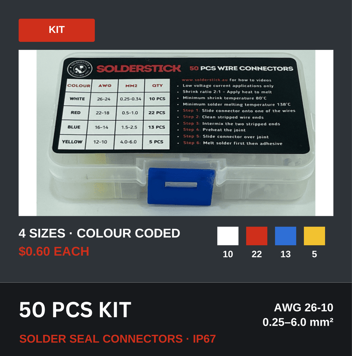 Solderstick 50 PCS solder seal connector kit: 4 colour-coded sizes, AWG 26-10, $0.60 each