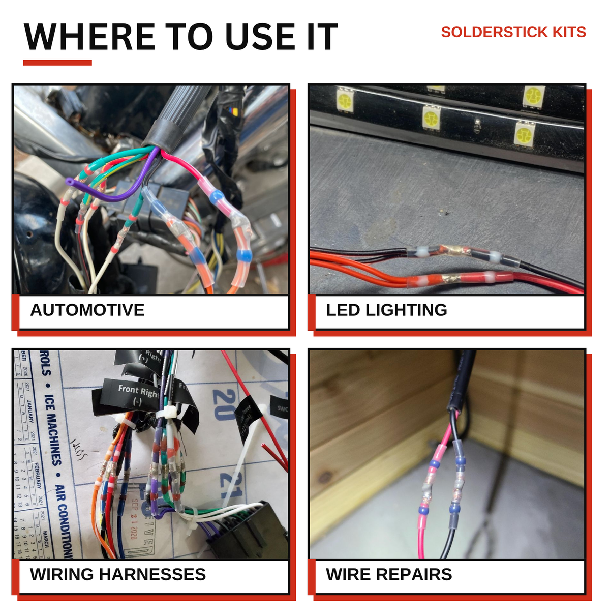 Where to use Solderstick connectors: automotive, LED lighting, wiring harnesses and wire repairs