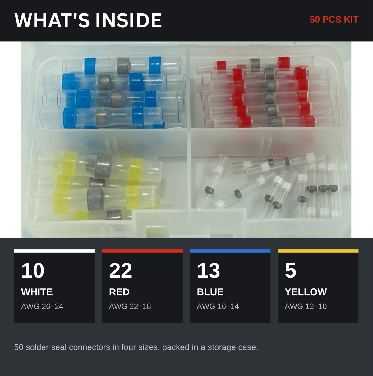 Inside the Solderstick 50 PCS kit: 10 white, 22 red, 13 blue, 5 yellow solder seal connectors
