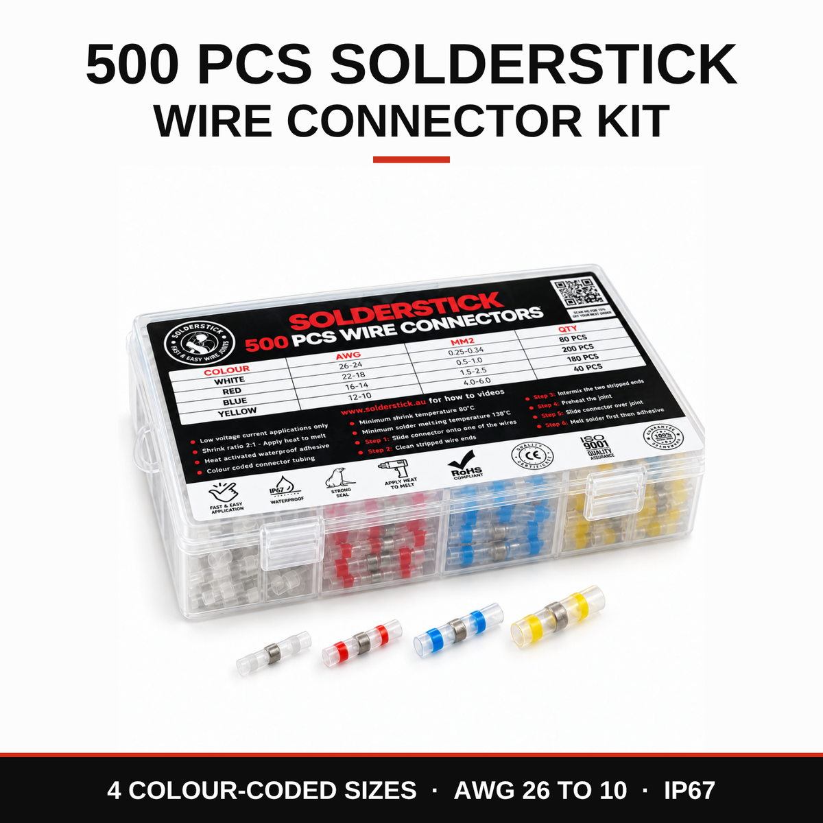 Solderstick 500 piece wire connector kit in its labelled clear case with white, red, blue and yellow connectors