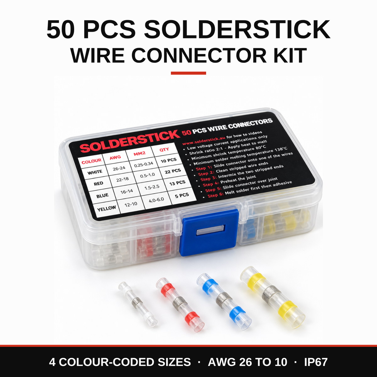 Solderstick 50 piece wire connector kit in its labelled clear case with white, red, blue and yellow connectors
