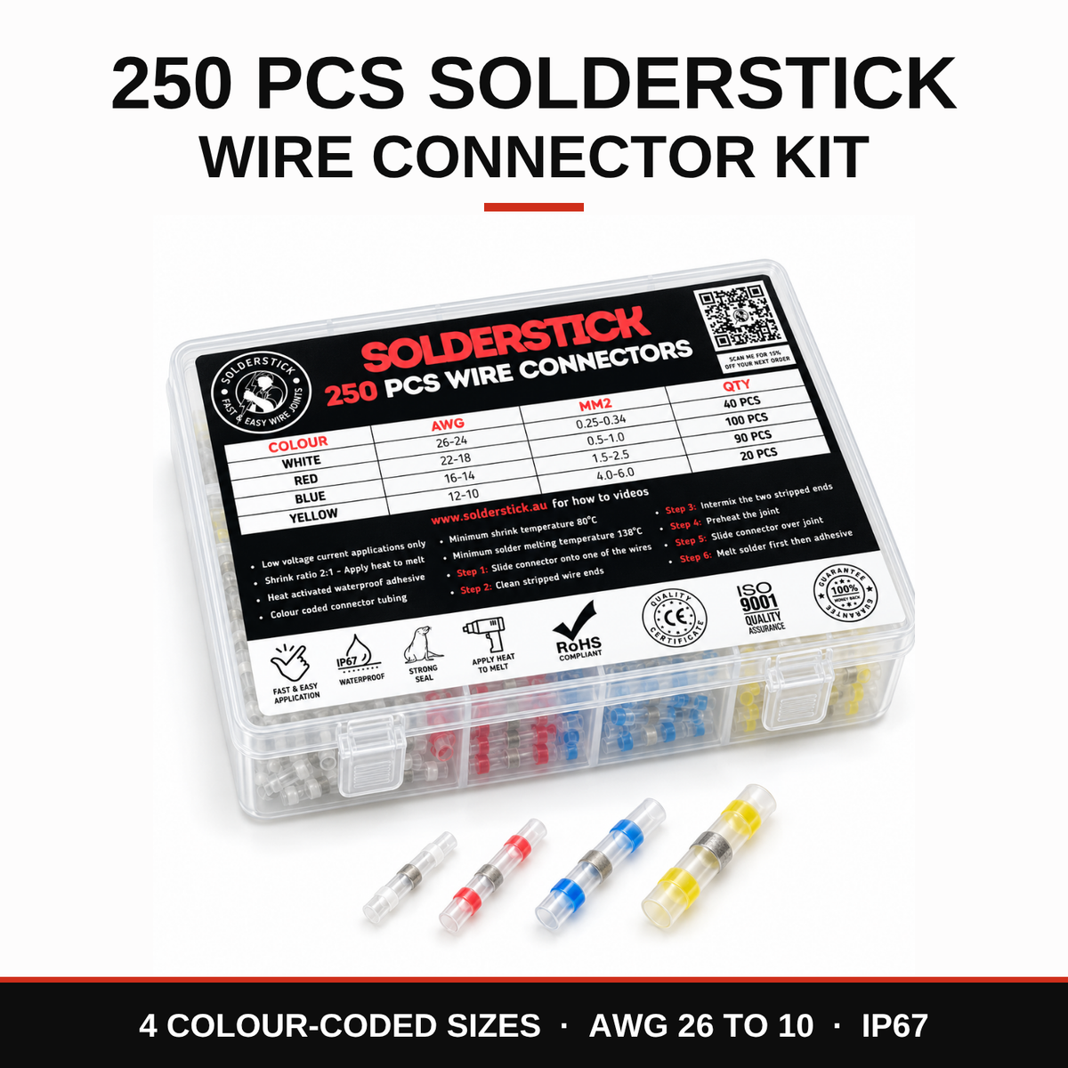 Solderstick 250 piece wire connector kit in its labelled clear case with white, red, blue and yellow connectors