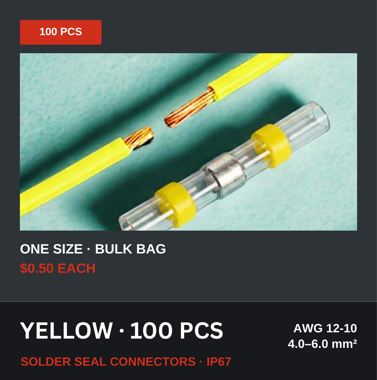 Solderstick yellow solder seal connectors, 100 pack, AWG 12-10