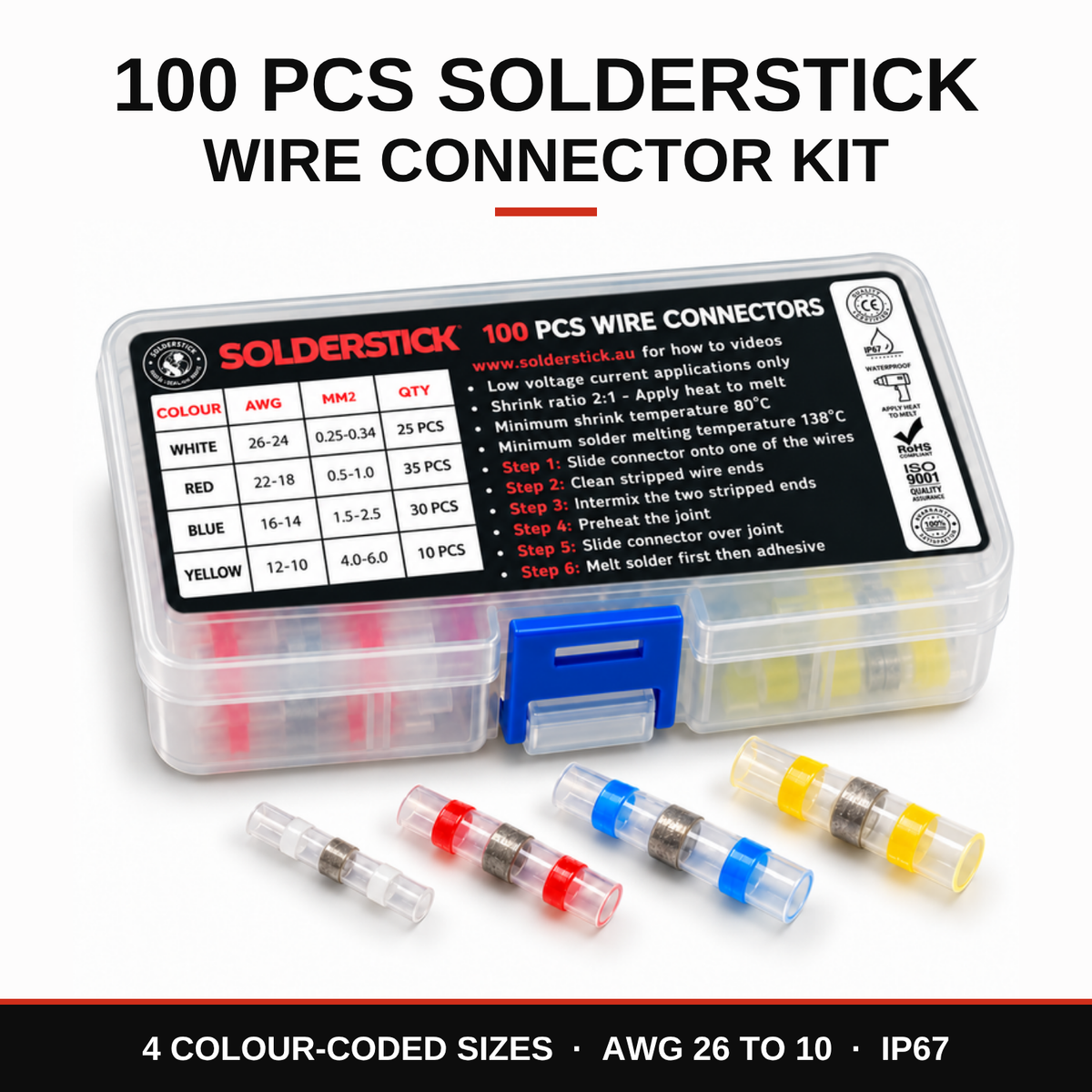 Solderstick 100 PCS wire connector kit in its labelled case with white, red, blue and yellow connectors: 4 colour-coded sizes, AWG 26 to 10, IP67