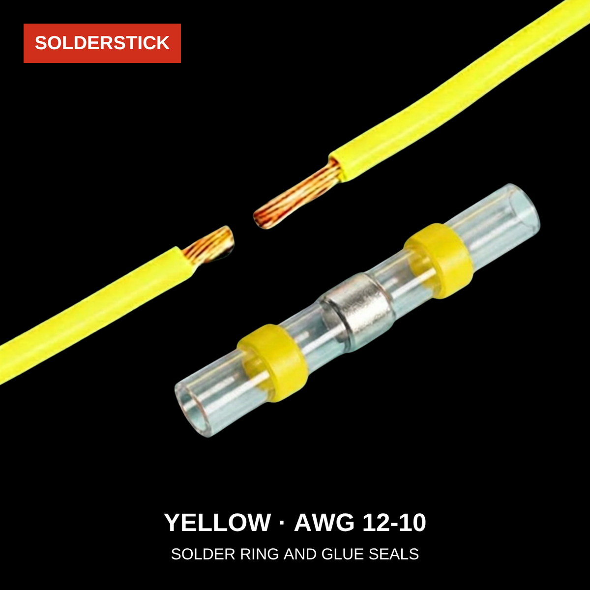 Yellow Solderstick connector close-up showing the solder ring and glue seals, AWG 12-10