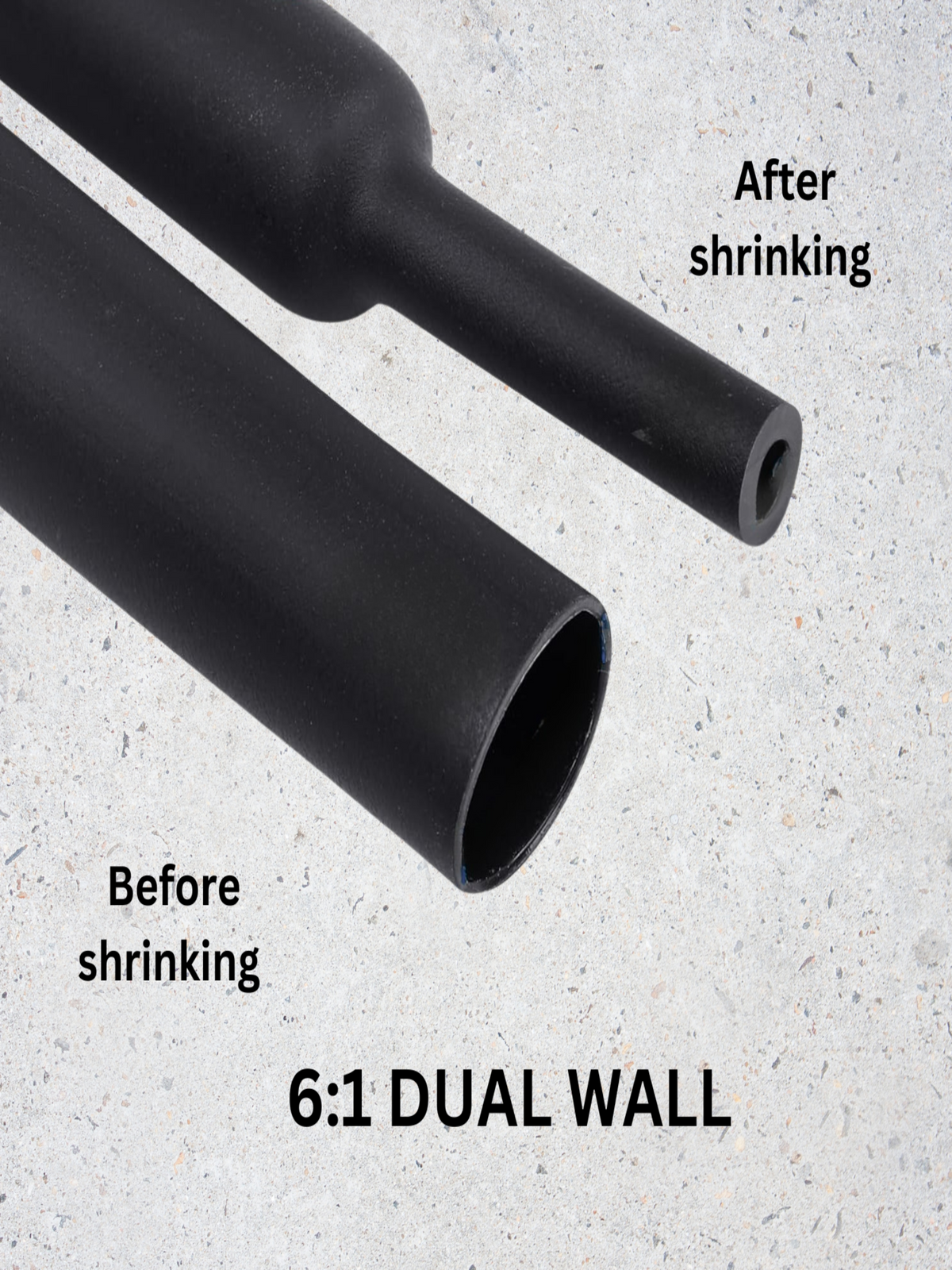 6:1 dual wall heat shrink, black, 33 to 5.5 mm: tube before and after shrinking