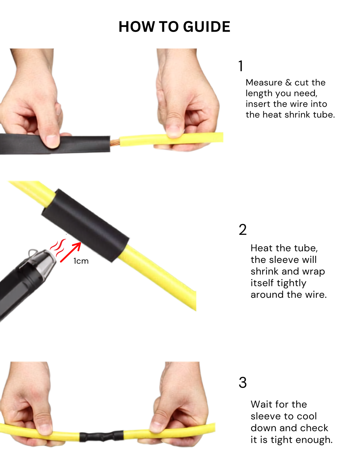 How to use 4:1 dual wall heat shrink, black, 32 to 8 mm: slide over the joint and heat until the adhesive seals