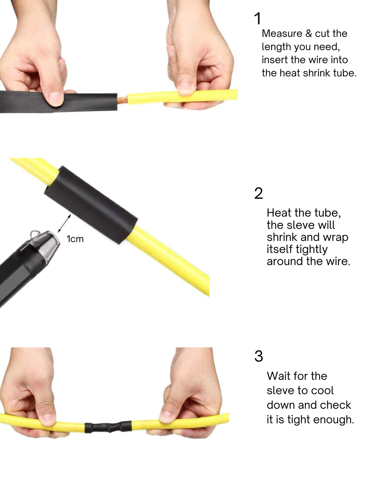 How to use 6:1 dual wall heat shrink, black, 33 to 5.5 mm: slide over the joint and heat until the adhesive seals