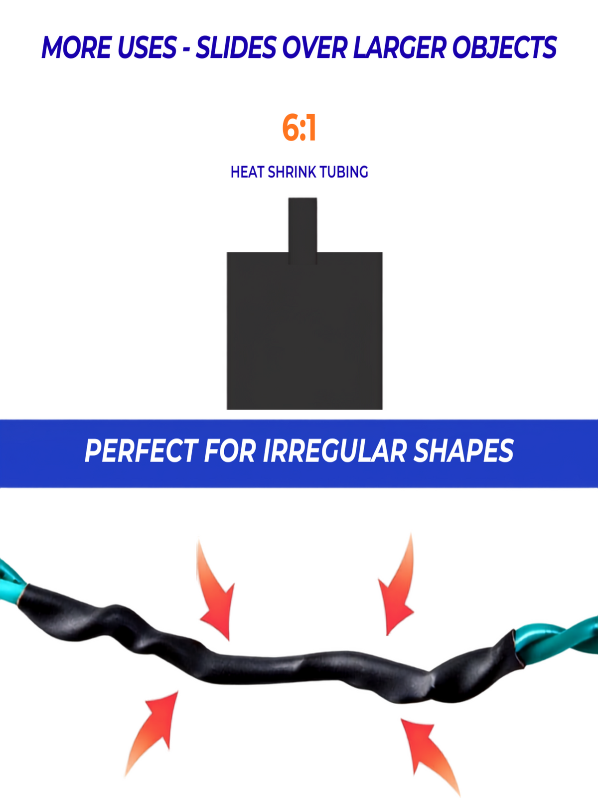 6:1 shrink ratio: black heat shrink before and after heating