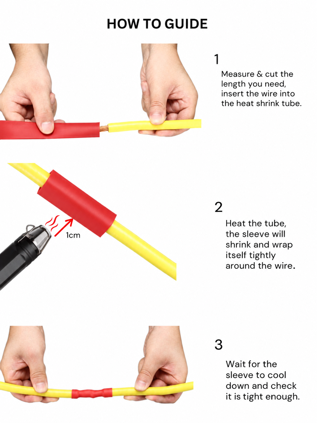 How to use 4:1 dual wall heat shrink, red, 32 to 8 mm: slide over the joint and heat until the adhesive seals