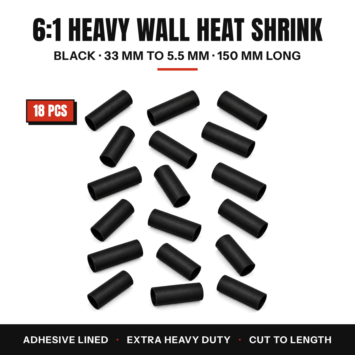 18 pieces of black 6:1 heavy wall adhesive lined heat shrink tube, 33 to 5.5 mm, 150 mm long