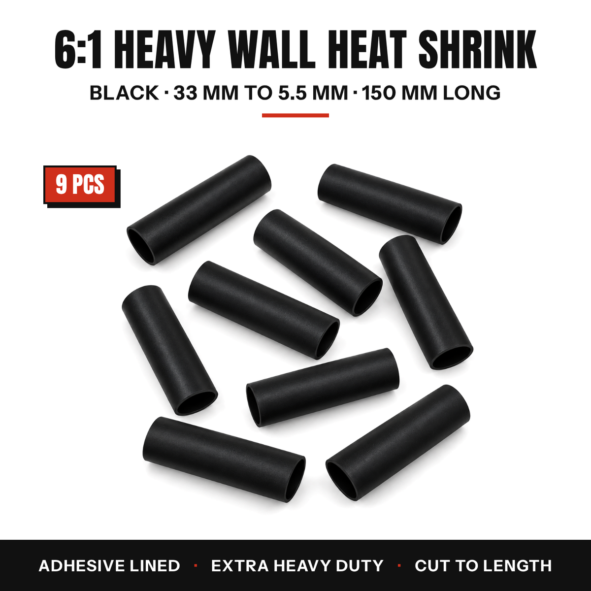 9 pieces of black 6:1 heavy wall adhesive lined heat shrink tube, 33 to 5.5 mm, 150 mm long