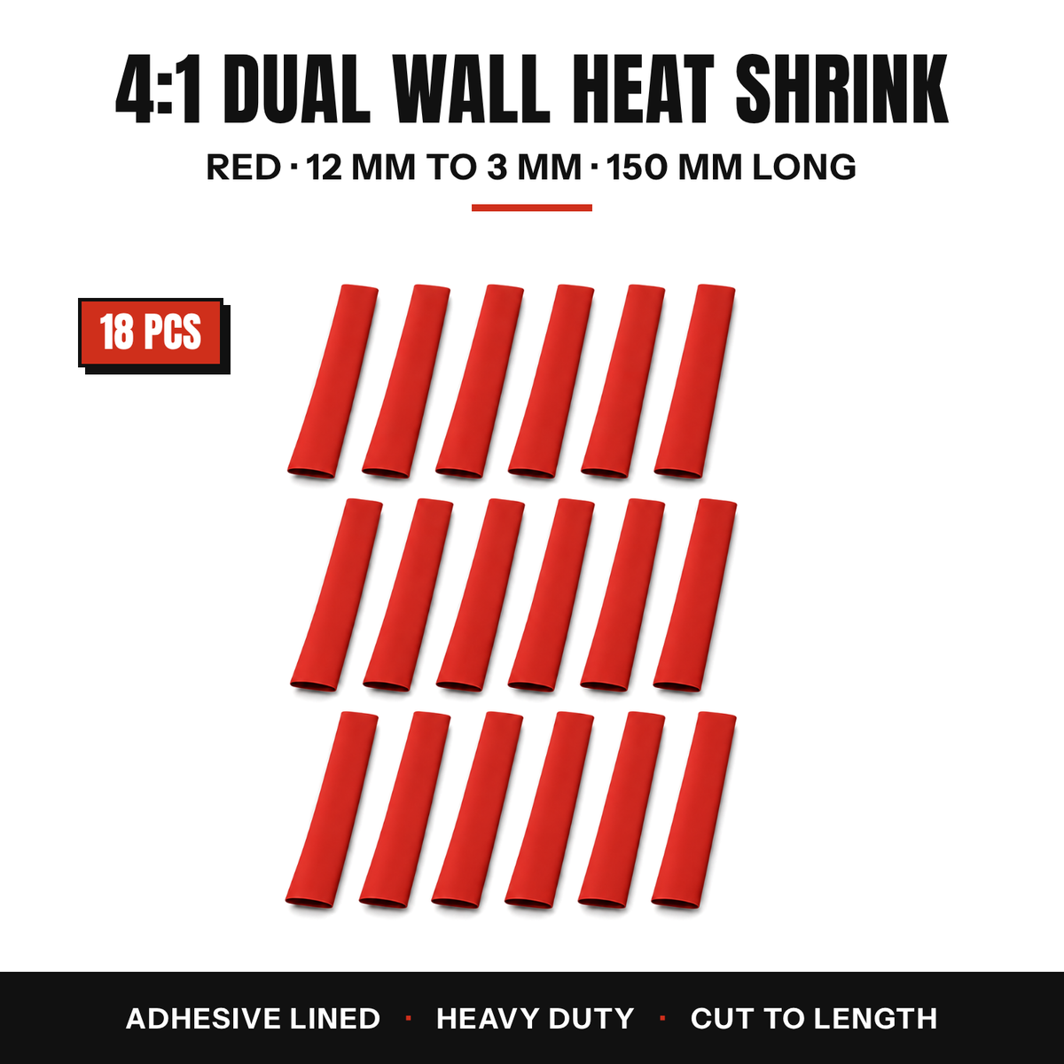 18 pieces of red 4:1 dual wall adhesive lined heat shrink tube, 12 to 3 mm, 150 mm long