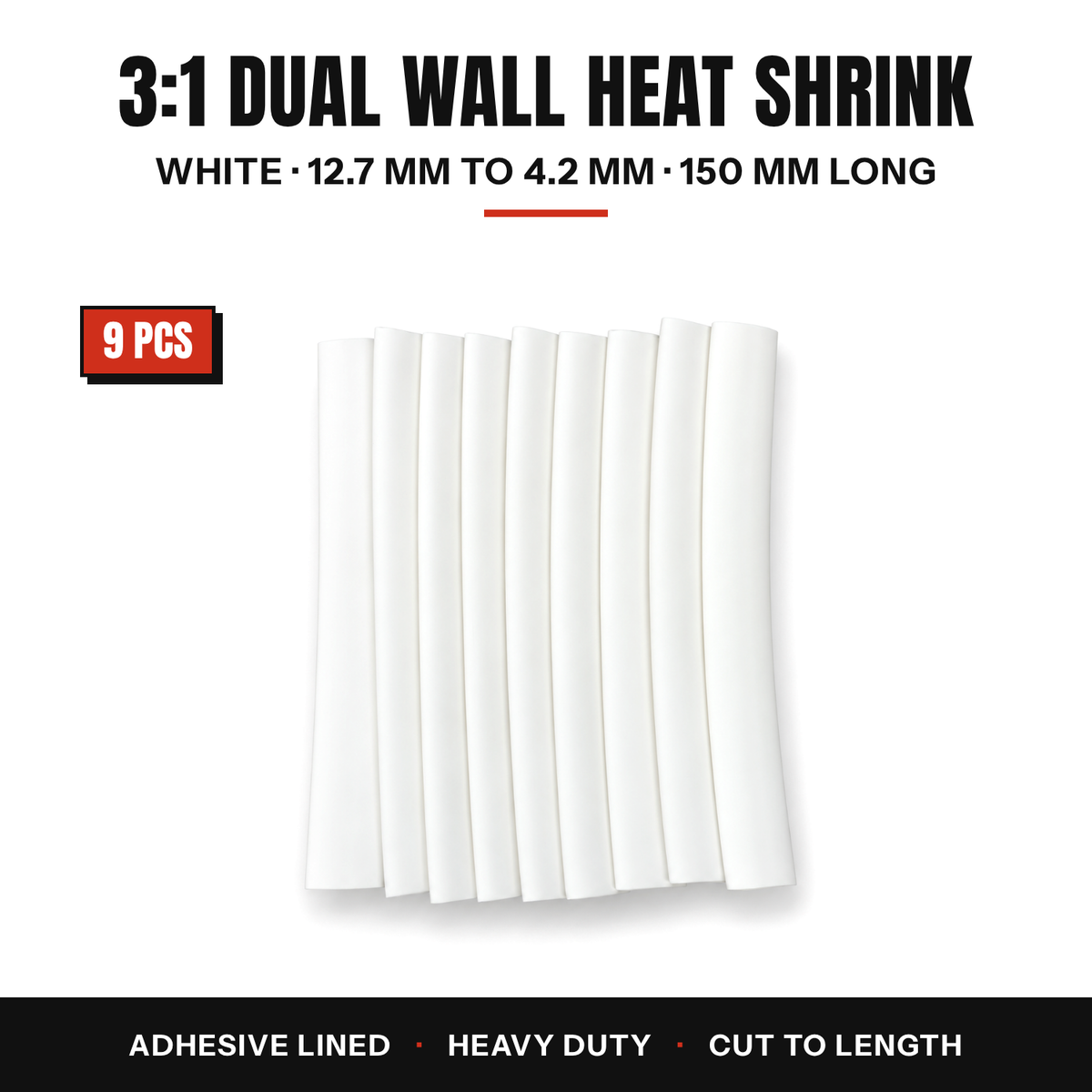 White 3:1 dual wall adhesive heat shrink 12.7 to 4.2 mm, 150 mm long, pack of 9 tubes