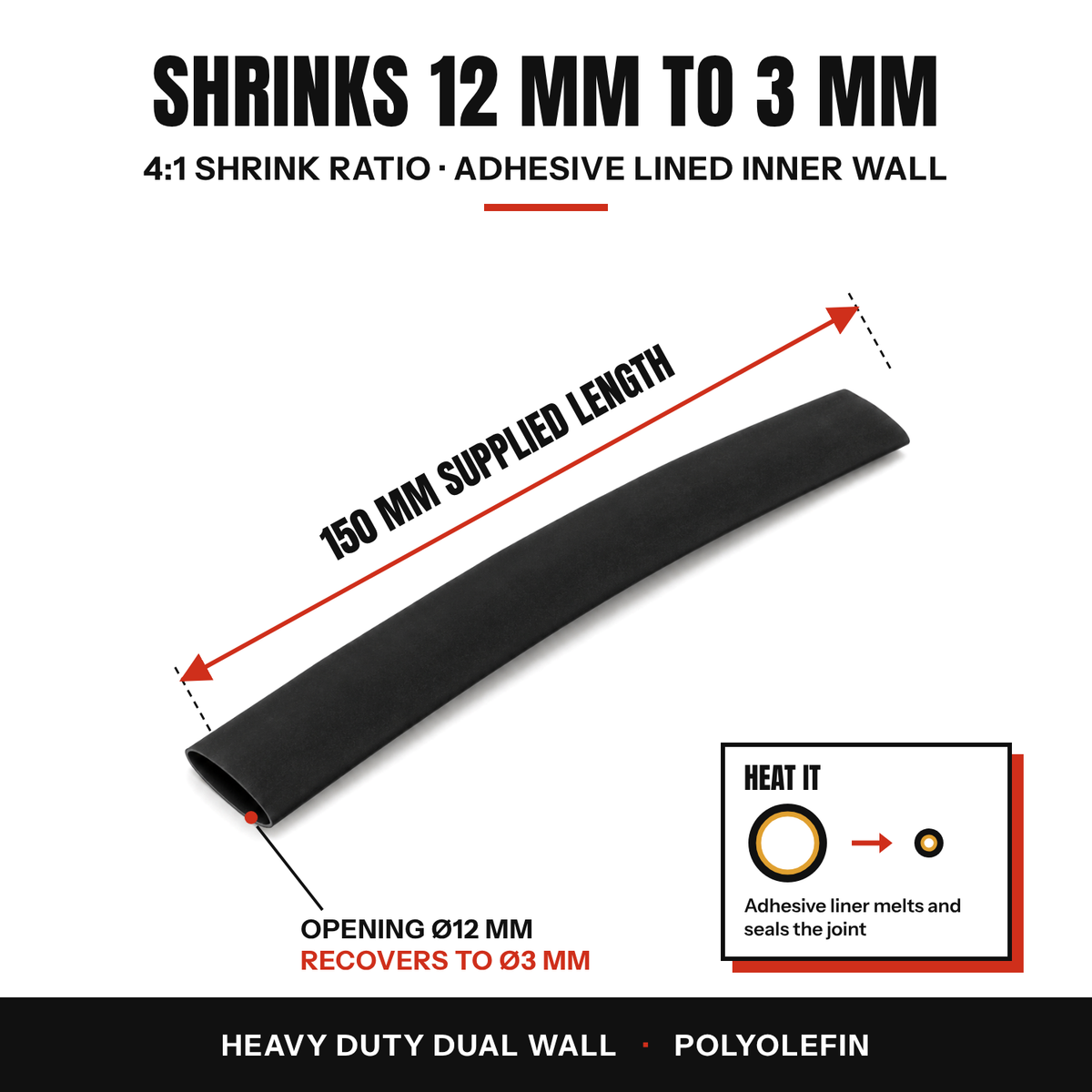 One black 4:1 dual wall heat shrink tube, 150 mm long, shrinks from 12 mm to 3 mm