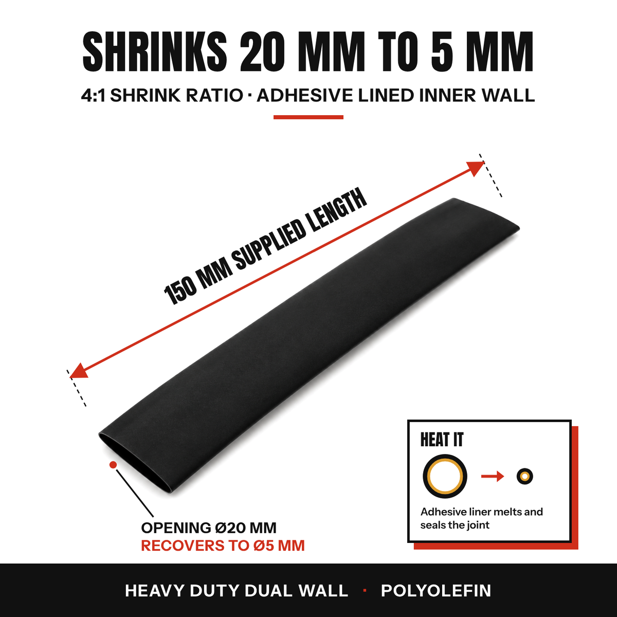 One black 20 to 5 mm dual wall heat shrink tube, 150 mm supplied length