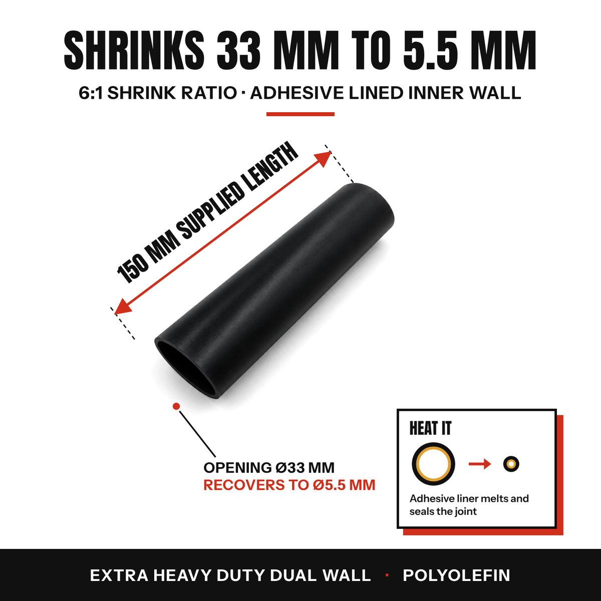 Single black 6:1 heavy wall heat shrink tube with dimensions, 33 to 5.5 mm, 150 mm long
