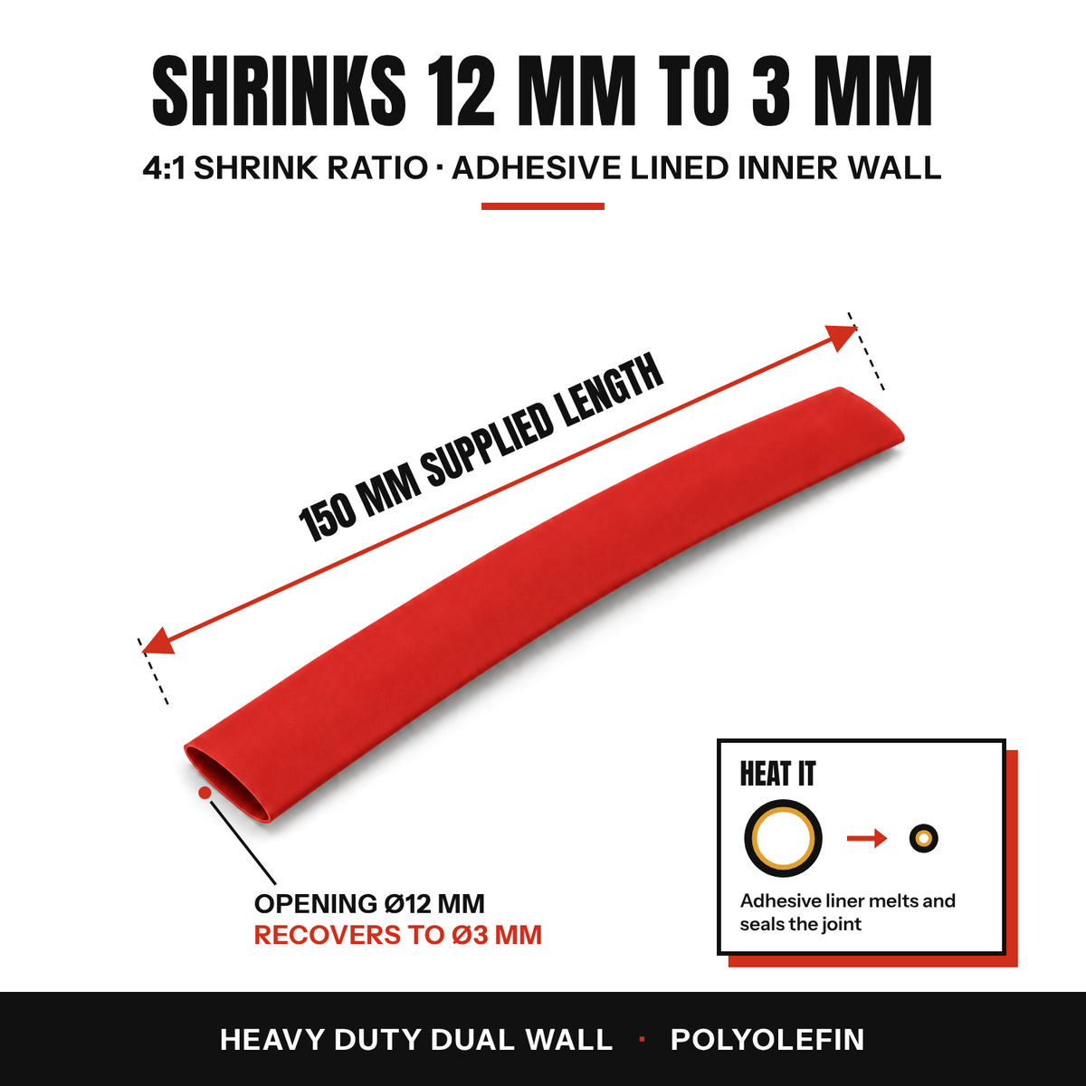 One red 4:1 dual wall heat shrink tube, 150 mm long, shrinks from 12 mm to 3 mm