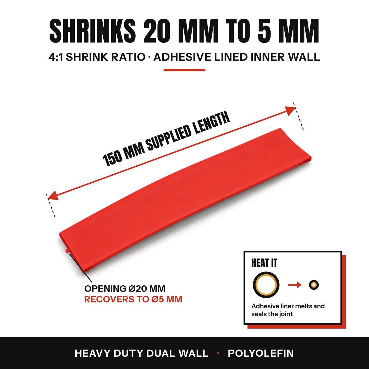 One red 20 to 5 mm dual wall heat shrink tube, 150 mm supplied length