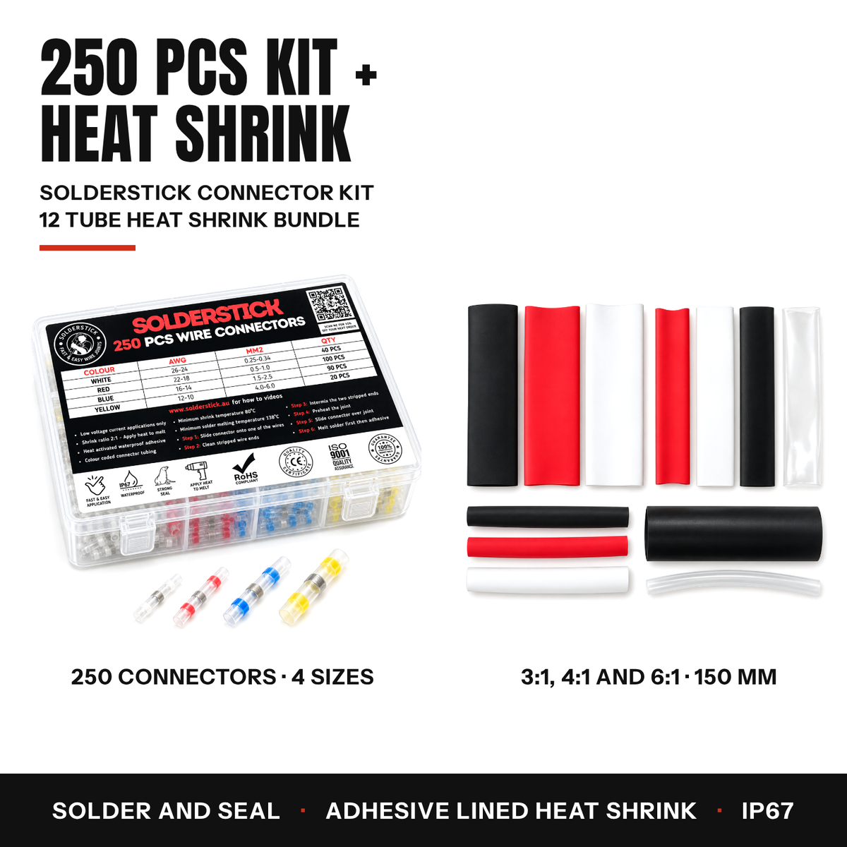 250 PCS Solderstick kit and Ultimate Heat Shrink Bundle of 12 adhesive lined tubes, shown side by side