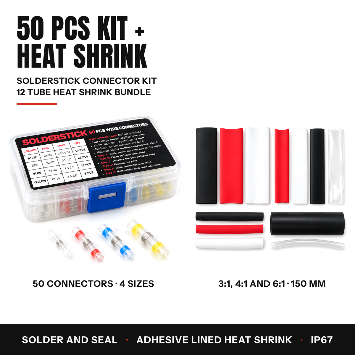 50 PCS Solderstick kit and Ultimate Heat Shrink Bundle of 12 adhesive lined tubes, shown side by side