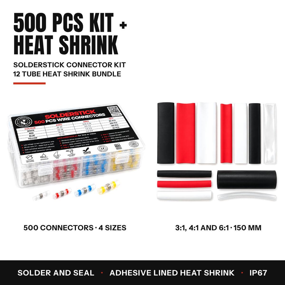 500 PCS Solderstick kit and Ultimate Heat Shrink Bundle of 12 adhesive lined tubes, shown side by side