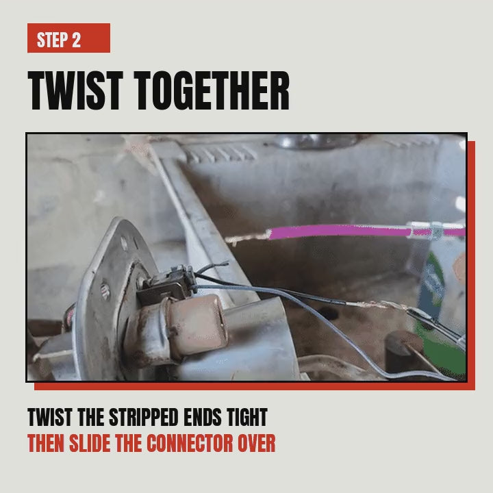 Step 2: twist the stripped wire ends together, then slide the Solderstick connector over