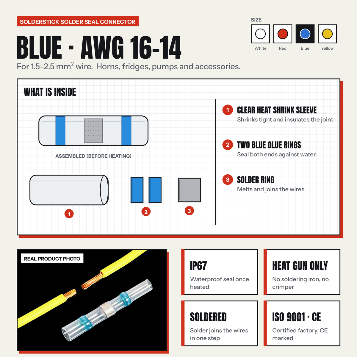 Blue Solderstick connector, AWG 16-14, 1.5-2.5 mm2: clear heat shrink sleeve, two blue glue rings and a solder ring. IP67 once heated, heat gun only, ISO 9001, CE