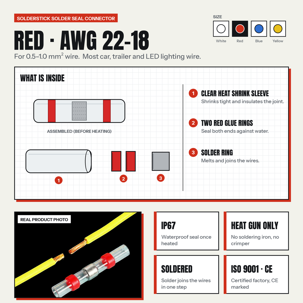 Red Solderstick connector, AWG 22-18, 0.5-1.0 mm2: clear heat shrink sleeve, two red glue rings and a solder ring. IP67 once heated, heat gun only, ISO 9001, CE
