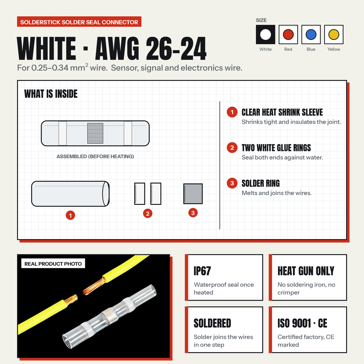White Solderstick connector, AWG 26-24, 0.25-0.34 mm2: clear heat shrink sleeve, two white glue rings and a solder ring. IP67 once heated, heat gun only, ISO 9001, CE