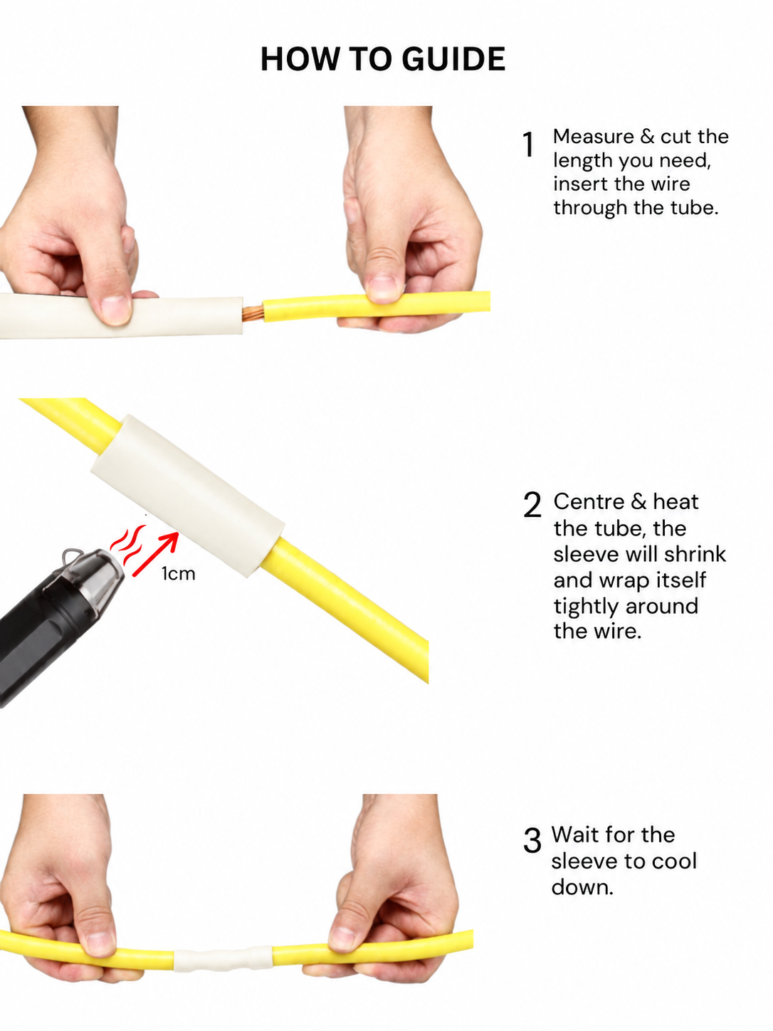 How to use 4:1 dual wall heat shrink, white, 32 to 8 mm: slide over the joint and heat until the adhesive seals